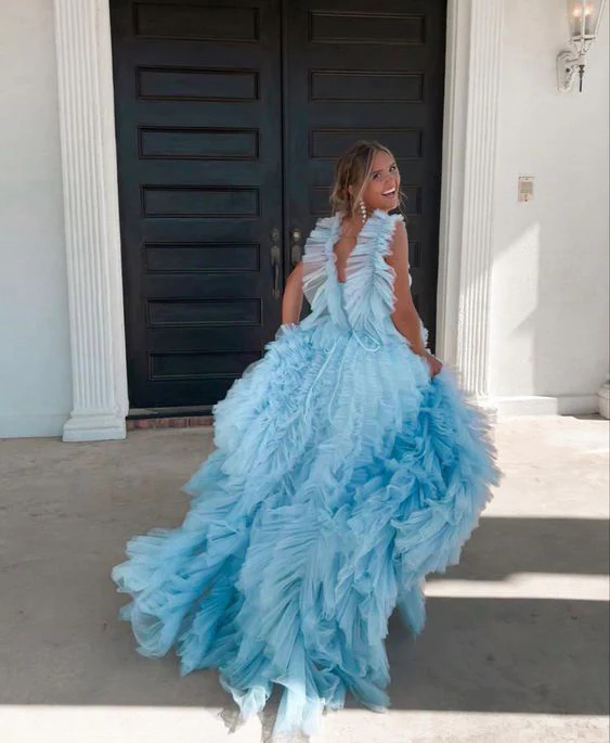 Light Sky Blue Tulle Princess Ruffle Straps With Tiered Long Prom Dress fg3101