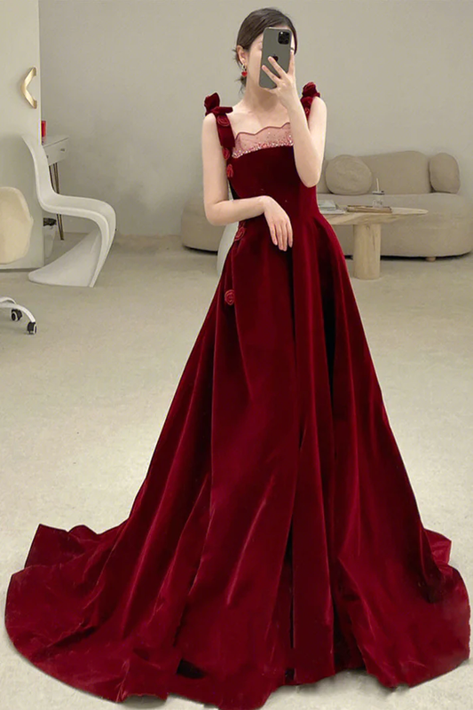 Robe de bal longue en velours bordeaux, robe de soirée trapèze fg2223