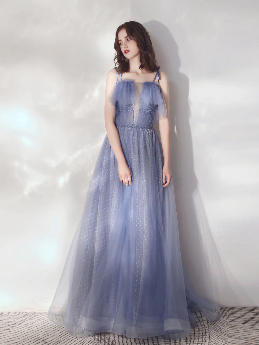 Blaue A-Linie Tüll Lange Ballkleider, Blaue Formale Abschlusskleider fg2230