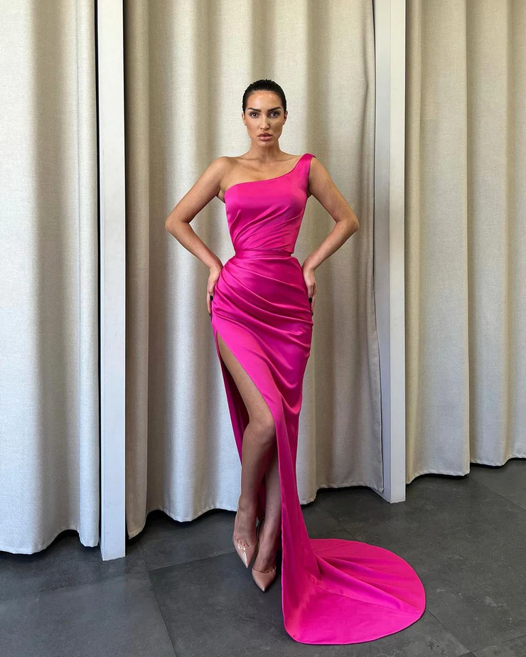 Charming Mermaid One Shoulder Hot Pink Satin Long Prom Dresses with Sl formalgowns Charming Mermaid One Shoulder Hot Pink Satin Long Prom Dresses with Sl formalgowns