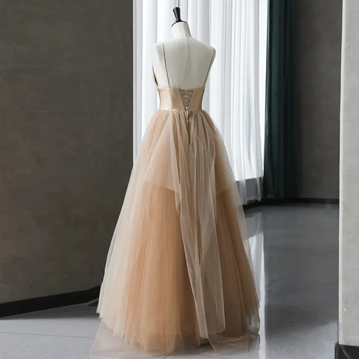 Robe de soirée longue en tulle champagne dégradé, bretelles en tulle, charmante robe de soirée fg2218