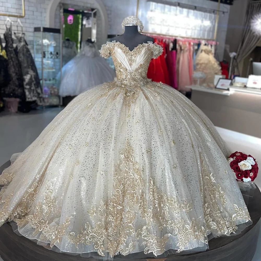 Sparkly Off Shoulder Champagne Quinceañera Dress Party Ball Gown fg2471