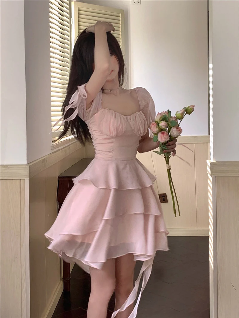 Ruffled Puff Sleeve Dress Solid Square Collar Women's Summer Dress , H – formalgowns