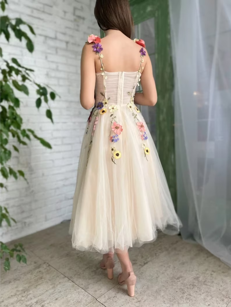 Robe de soirée champagne clair, longueur cheville, motifs colorés, appliques, robe de soirée formelle, bretelles, fleurs 3D, robe de bal fg251
