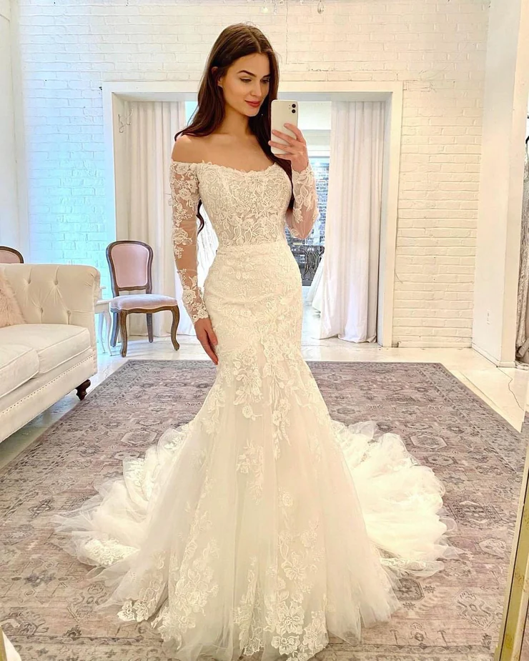 Robe de mariée élégante en dentelle, style sirène, manches à épaules dénudées et appliques fg2352