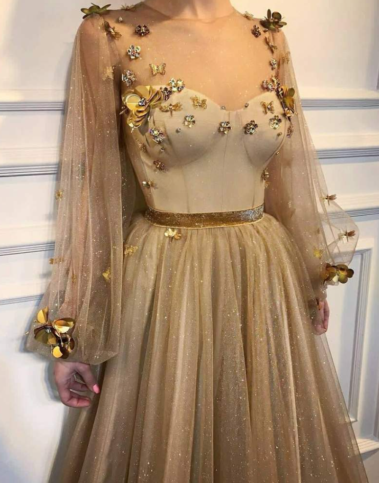 Chic Prom Dresses,A-Line Prom Dress,Scoop Prom Dresses,Long Sleeve Prom Dress,Gold Prom Dresses,Long Prom Dress fg1802