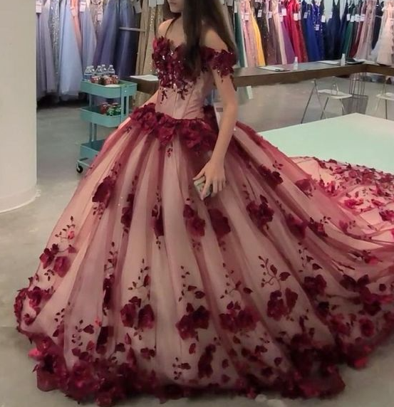 Wine Red Quince Gown with train Charming Prom Dress Ball Gown Evening Dress fg2749