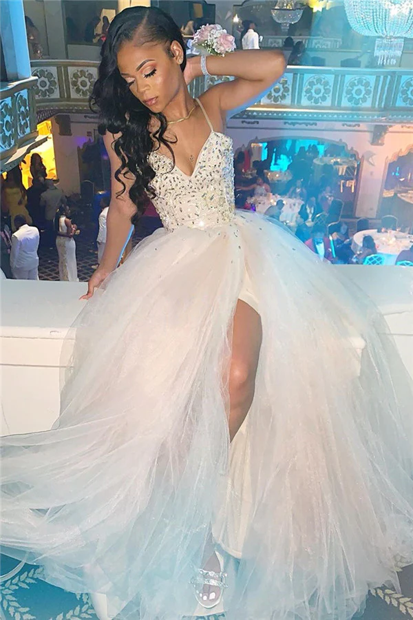 Robe de bal trapèze blanche à décolleté en cœur et tulle perlé, fente latérale, bon marché, 2023, fg3133