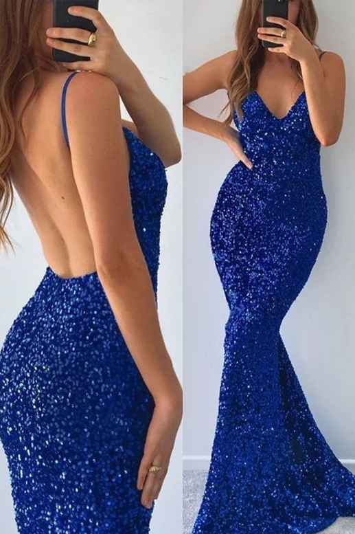 Robe de bal longue bleue à paillettes scintillantes, col en V, dos nu, fente latérale, avec traîne, robe de soirée, fg1395