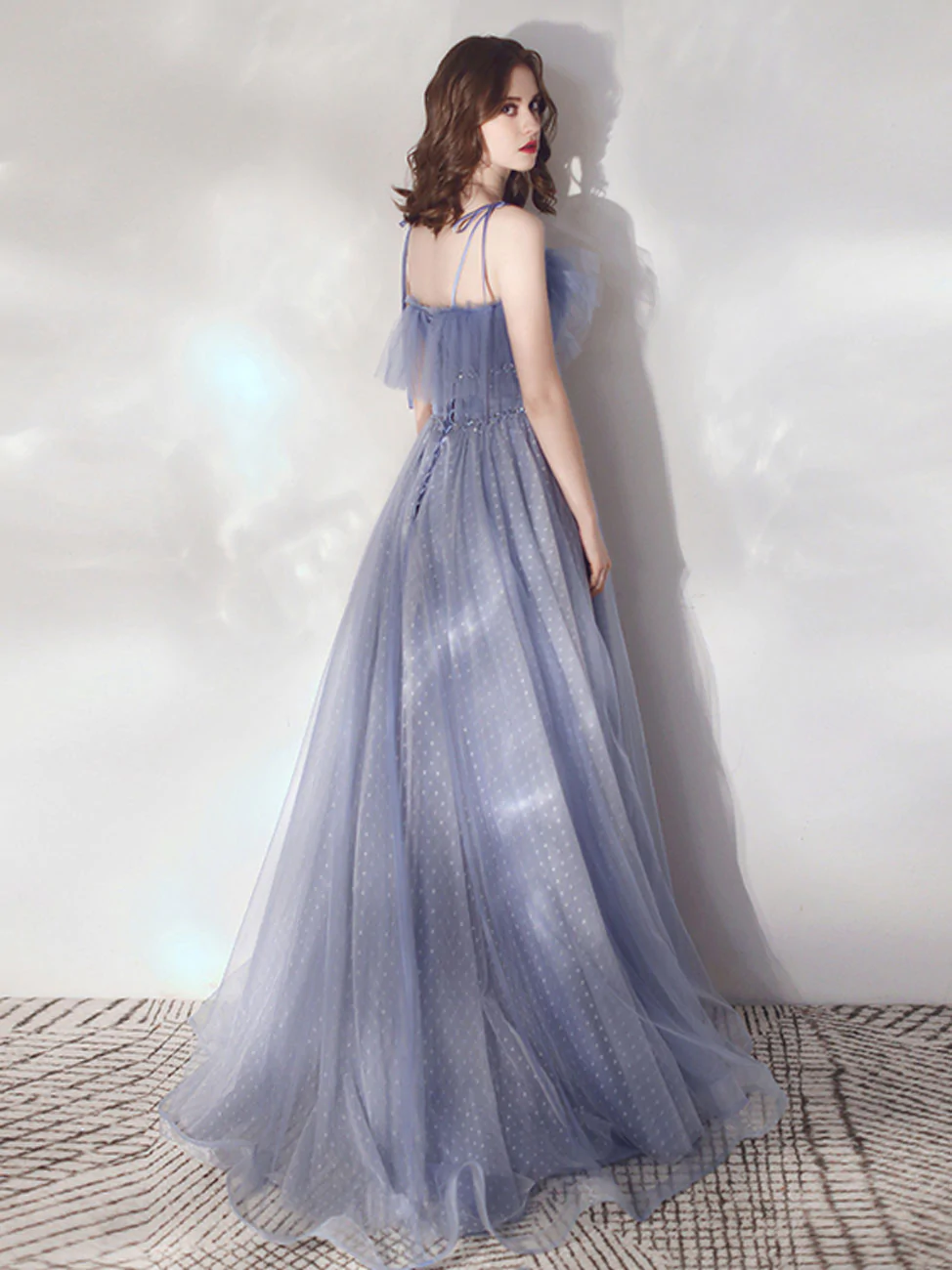 Blaue A-Linie Tüll Lange Ballkleider, Blaue Formale Abschlusskleider fg2230