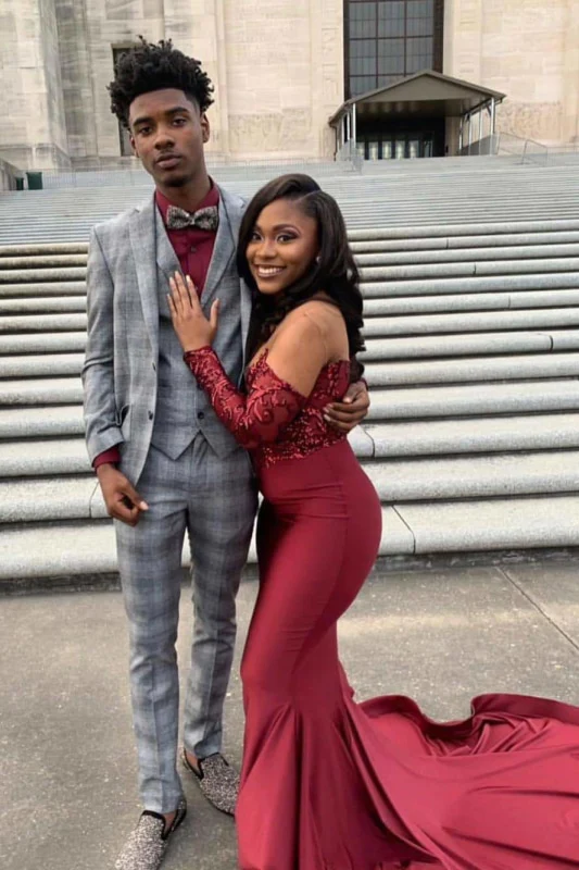 2023 Mermaid Burgundy Long Sleeves Stretchy Long With Appliques Prom Dresses fg3135