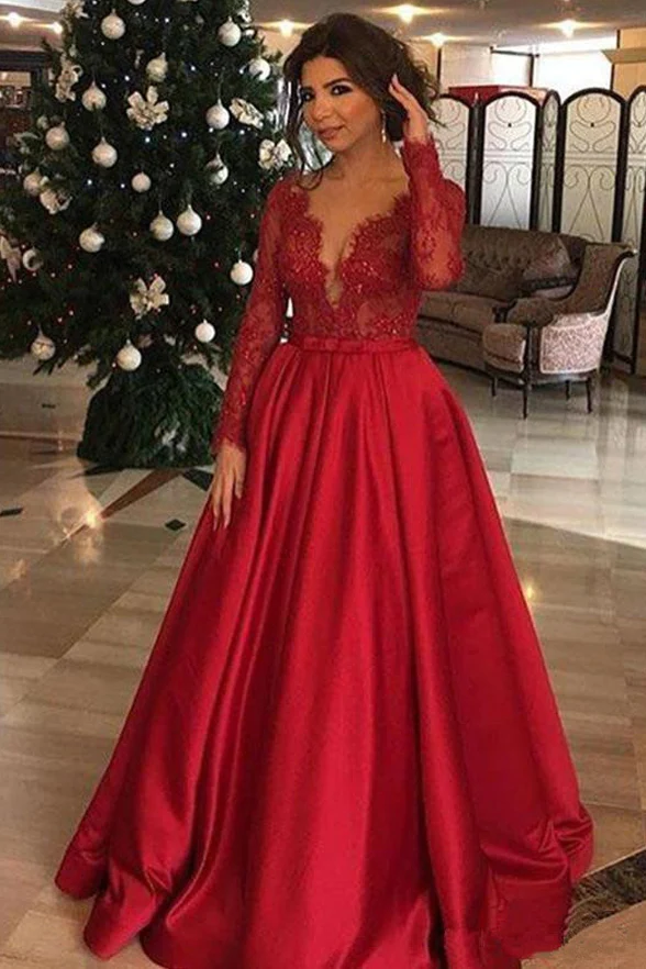 Robe de soirée rouge à col en V et manches longues avec appliques en dentelle, robe de bal formelle fg1923