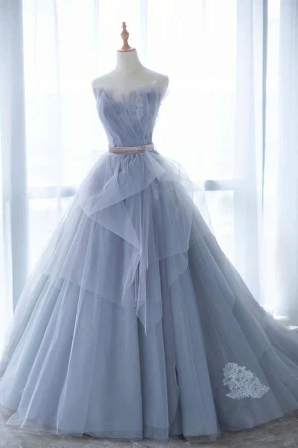 Blue Tulle Long A-Line Prom Dress with Lace fg2227