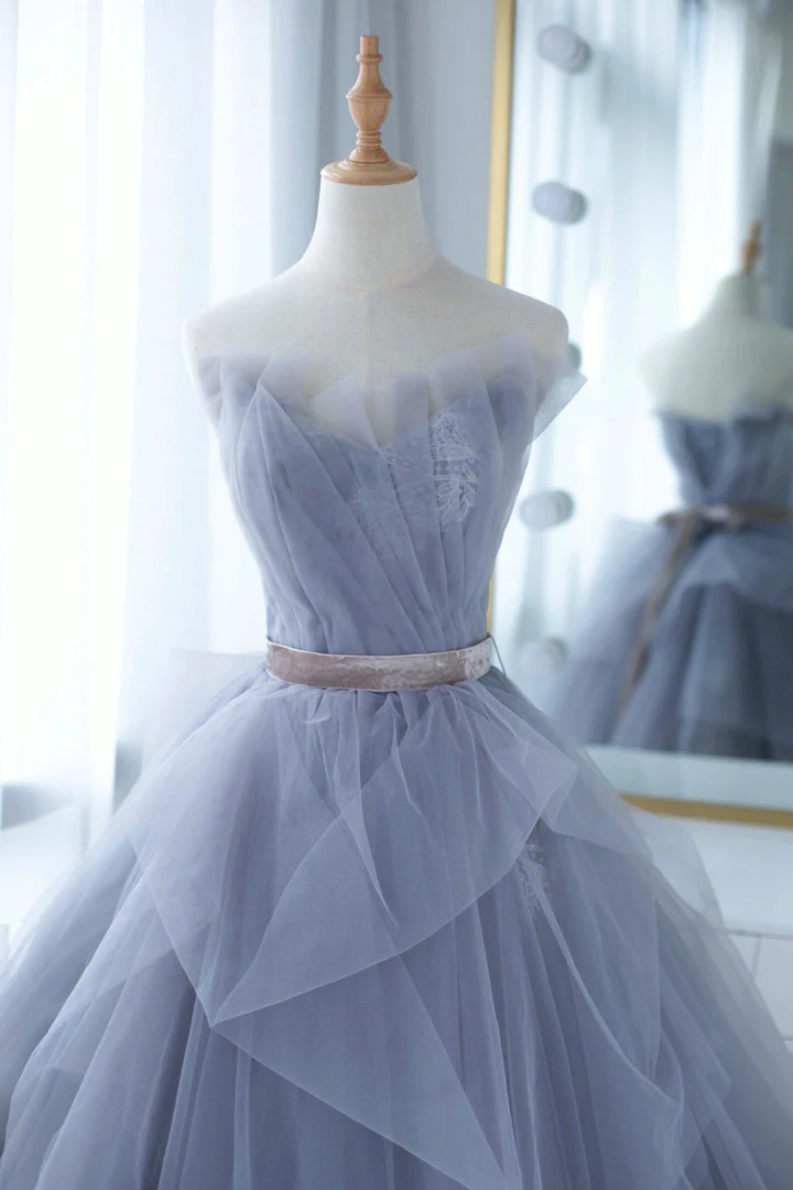Blue Tulle Long A-Line Prom Dress with Lace fg2227
