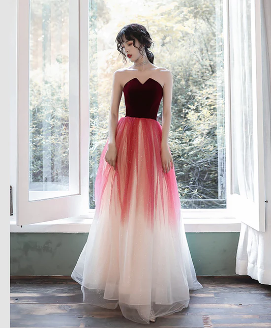 Robe de bal longue coupe trapèze en tulle bordeaux, robe de soirée formelle bordeaux fg2234