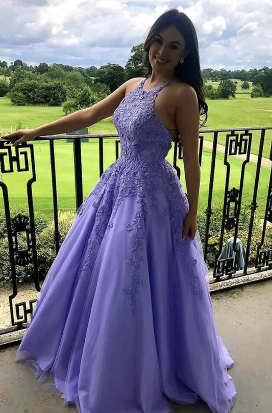 Robe de soirée longue en dentelle violette, coupe trapèze, fg1439