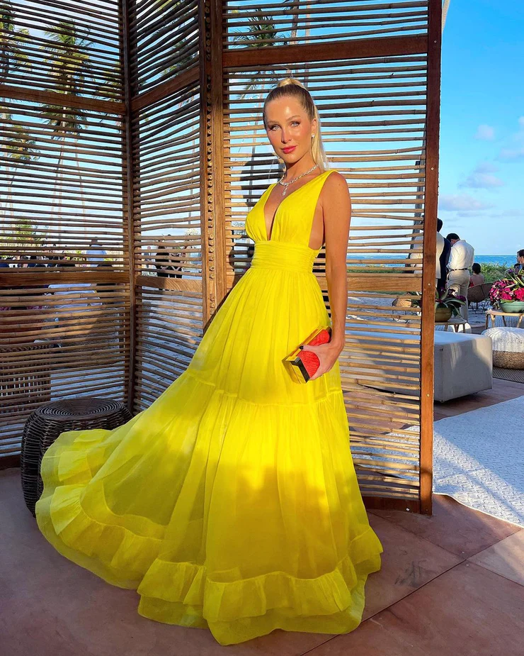 Charming A Line V Neck Yellow Chiffon Long Party Dresses, Wedding Guest Dresses fg2347