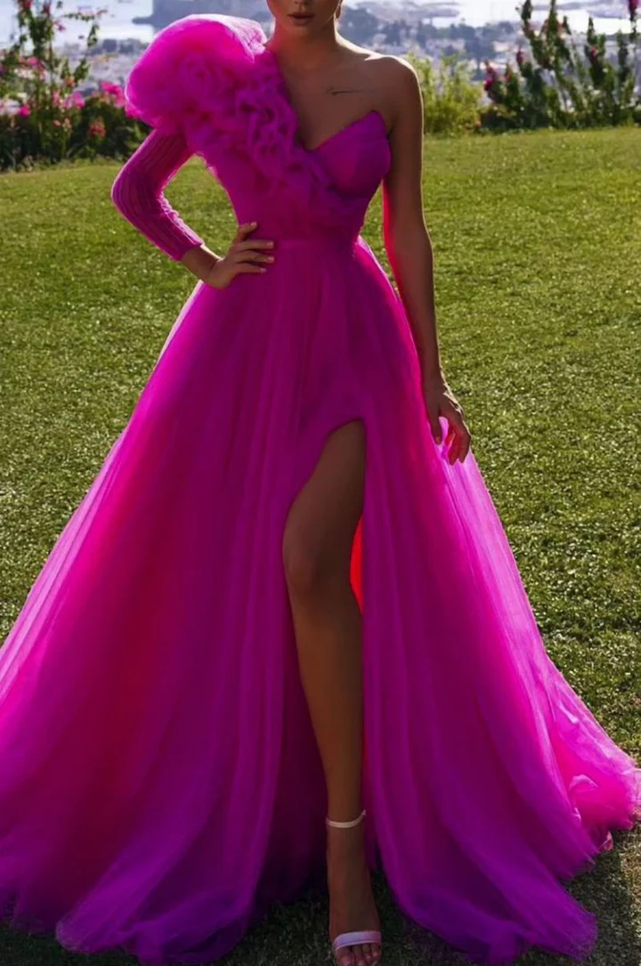 Robe de soirée à volants, asymétrique, en tulle, fendue sur le côté, fg3131
