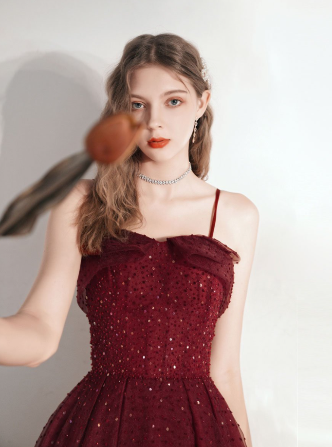 Burgunderrotes, herzförmiges, knielanges Tüll-Ballkleid fg2804