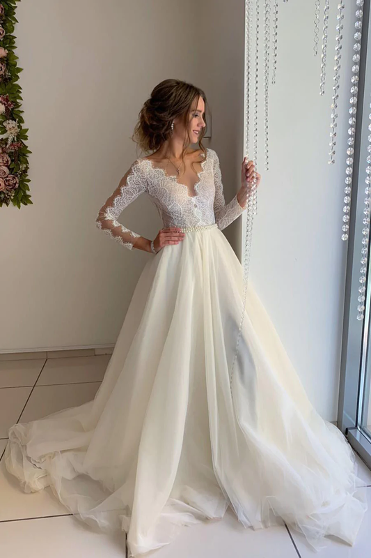 Prinzessin A-Linie Brautkleid mit langen Ärmeln und Spitze, Elfenbein, fg3132
