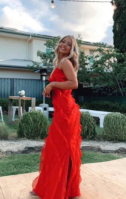 Red Ruffles Long Formal Dress Elegant Evening Dress fg1806