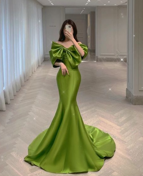 Robe de soirée sirène verte à épaules dénudées fg2969