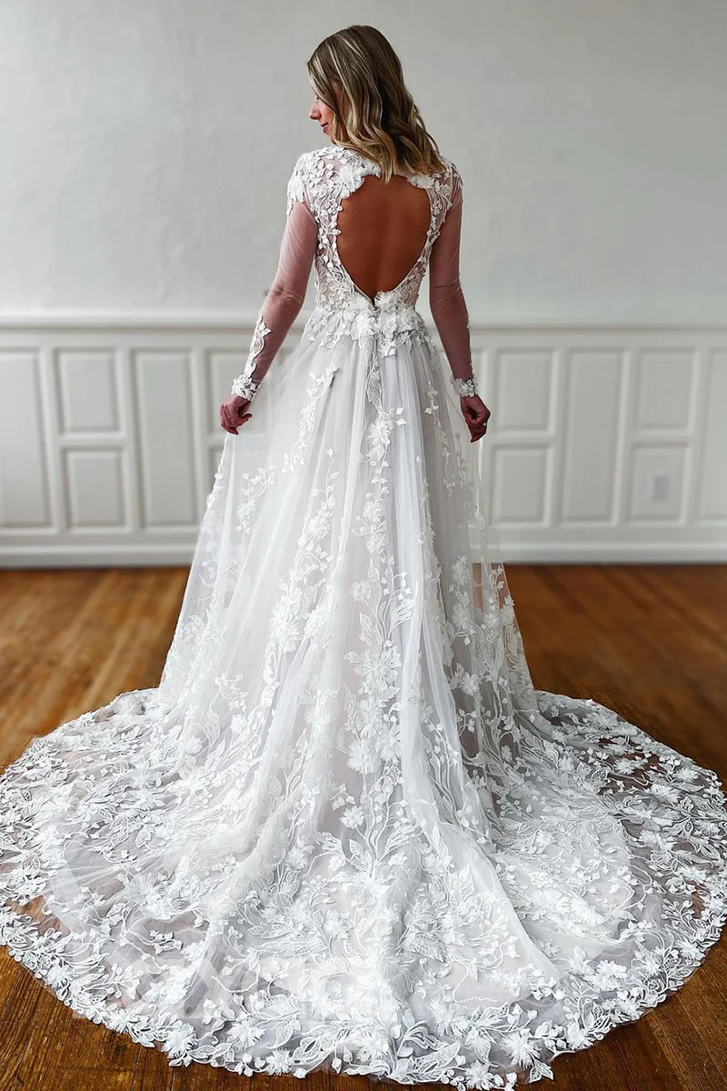 ROBE DE MARIÉE EN DENTELLE À COL EN V PLONGEANT ET MANCHES LONGUES TRANSPARENTES fg1955