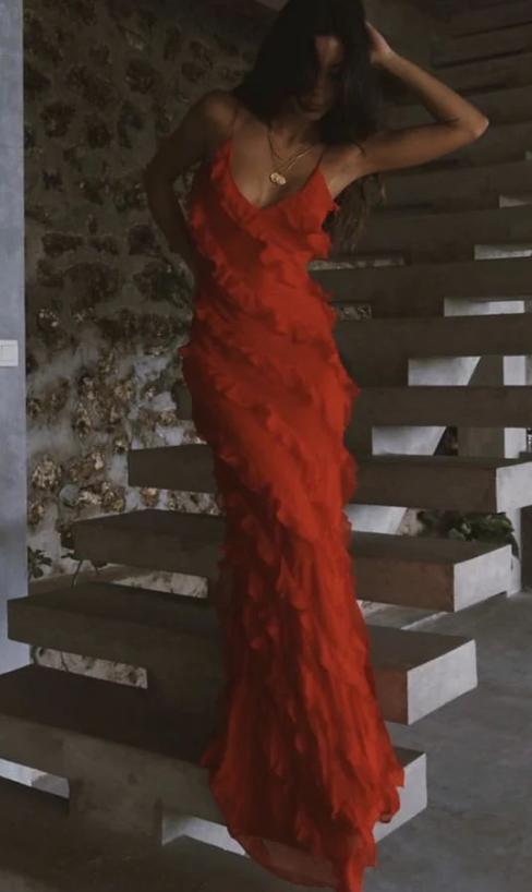 Red Ruffles Long Formal Dress Elegant Evening Dress fg1806