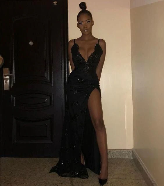 Robe de bal sexy à bretelles spaghetti et fente latérale avec appliqués fg1913