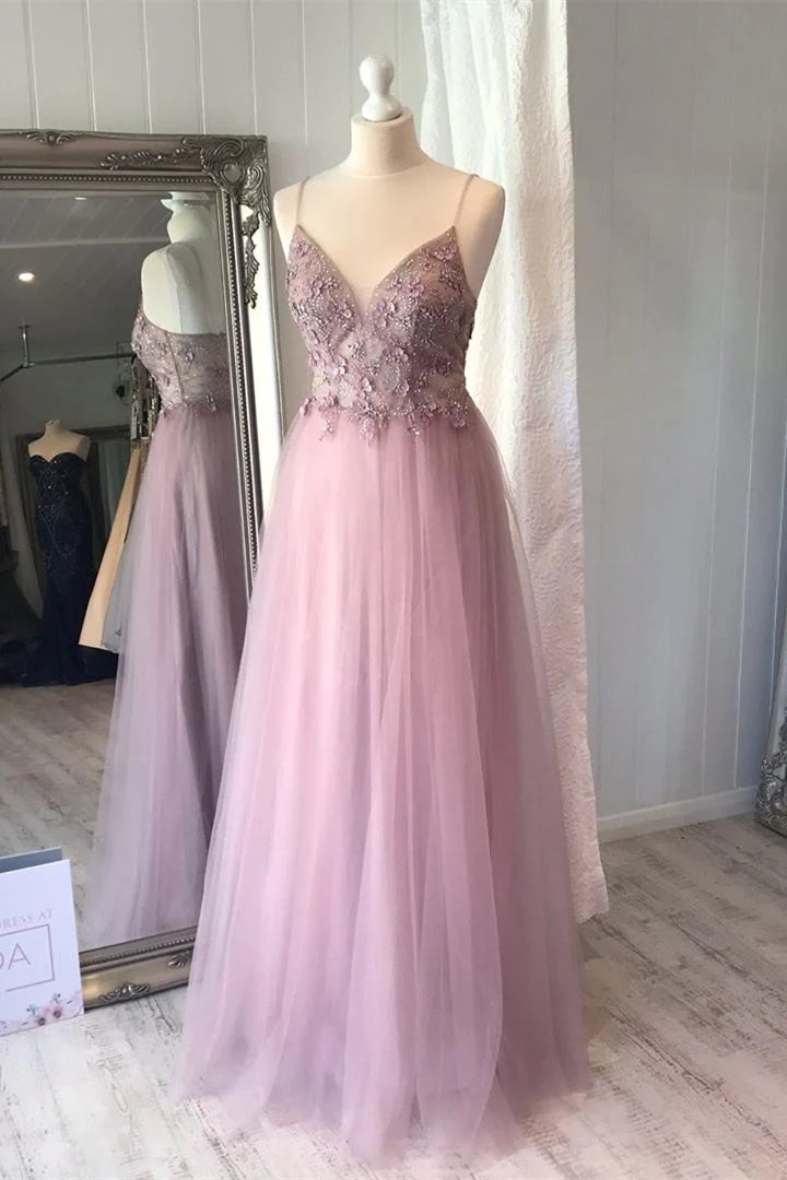A-line Spaghetti Strap Lilac Prom Dress with Flowers fg2615