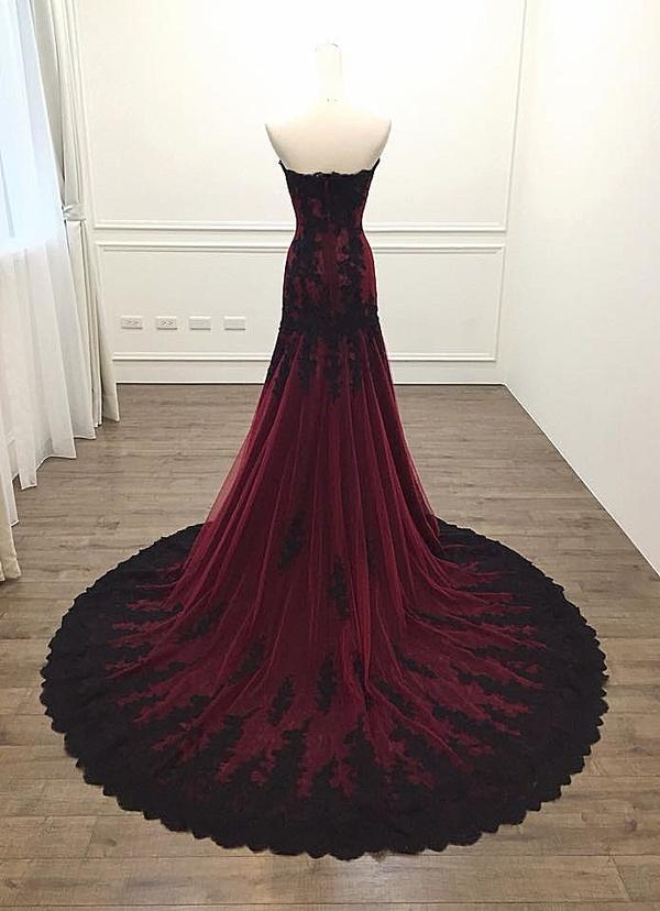 Robe de soirée glamour noire et rouge en tulle et dentelle, décolleté en cœur, longue robe de soirée fg2557