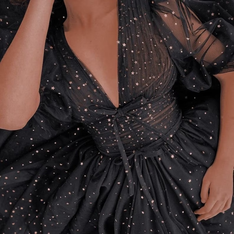 Black Tulle lace dress Black Dress Womens glitter Dress V-neckline Puff Sleeve Party Dress fg2974