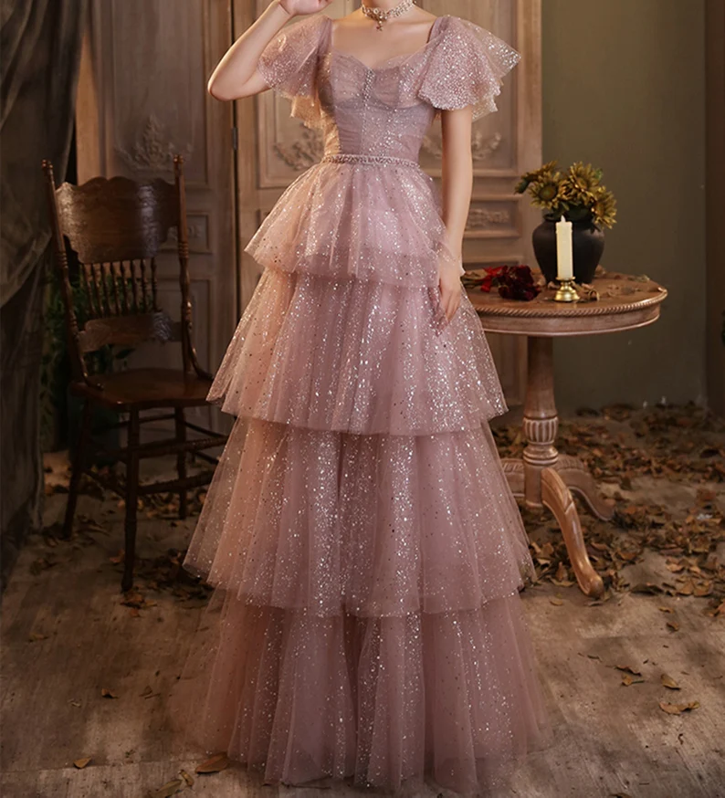 Dreamy Pink Long Prom Dress Girl Sparkly Tiered Dress Starry Evening D formalgowns Dreamy Pink Long Prom Dress Girl Sparkly Tiered Dress Starry Evening D formalgowns