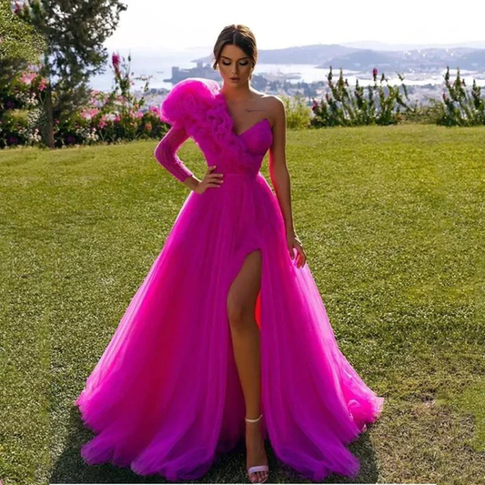 Robe de soirée à volants, asymétrique, en tulle, fendue sur le côté, fg3131