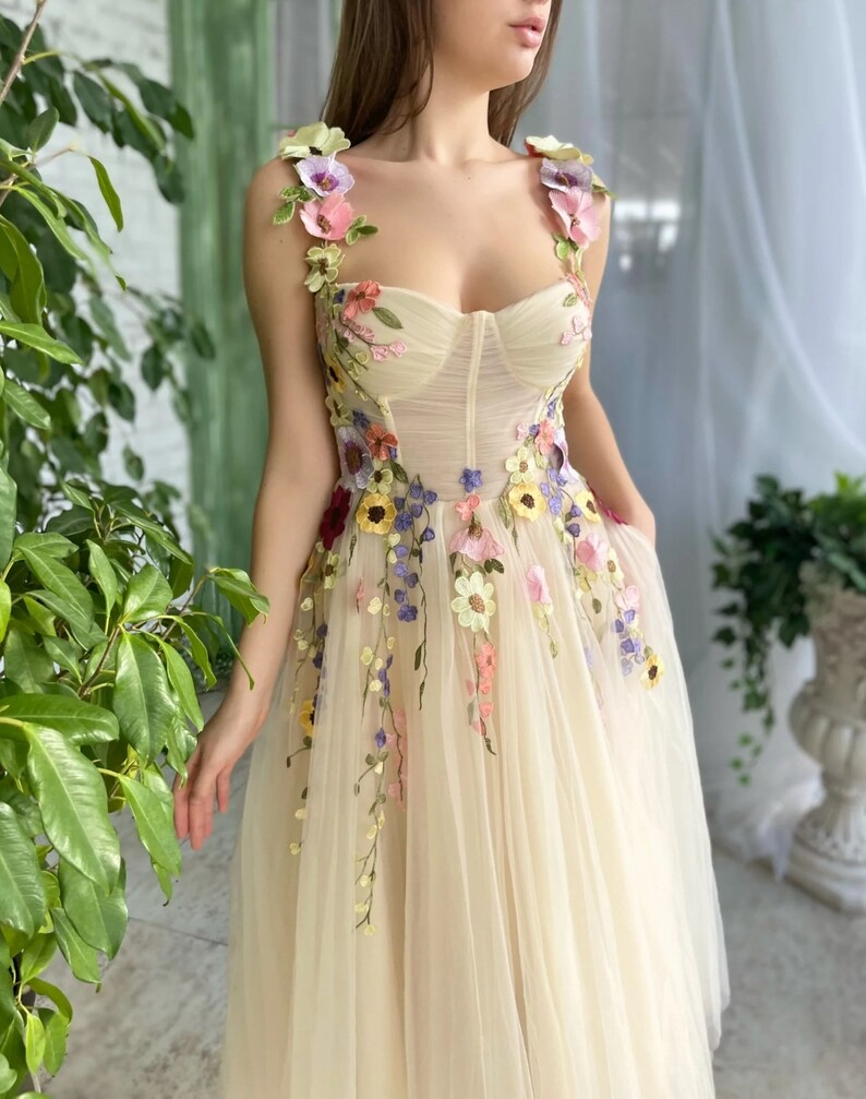 Robe de soirée champagne clair, longueur cheville, motifs colorés, appliques, robe de soirée formelle, bretelles, fleurs 3D, robe de bal fg251