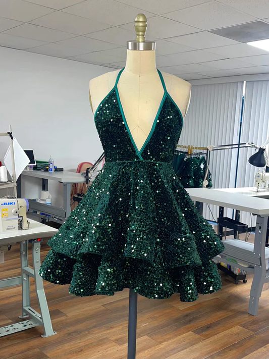 Pailletten-Partykleid mit V-Ausschnitt und Rüschen, Minikleid, benutzerdefiniertes Kleid für den Schulanfang, Heimkehrkleider fg2431
