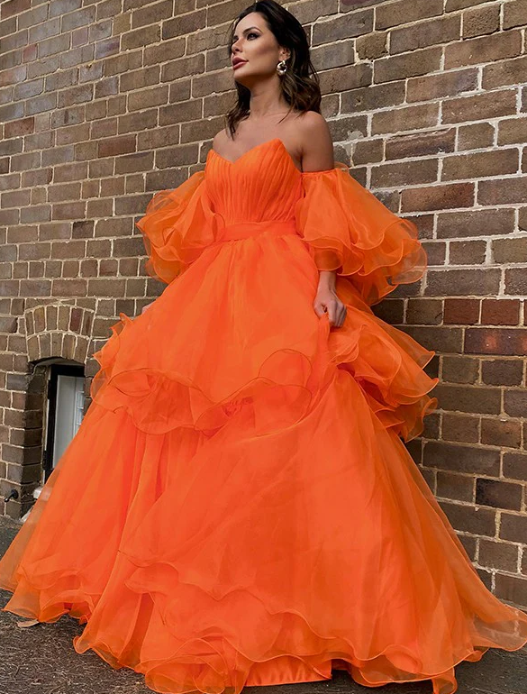 A-Line/Elegant Organza Off-the-Shoulder Layers Long Sleeves Floor-Length Prom Dresses fg1505