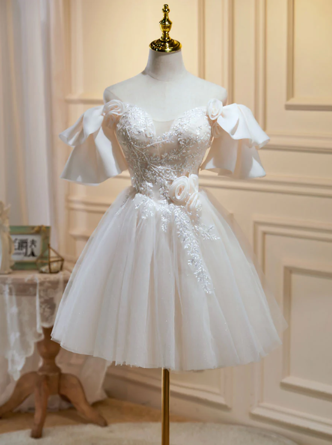 Robe de bal courte beige, robe de soirée beige en tulle et dentelle fg1307