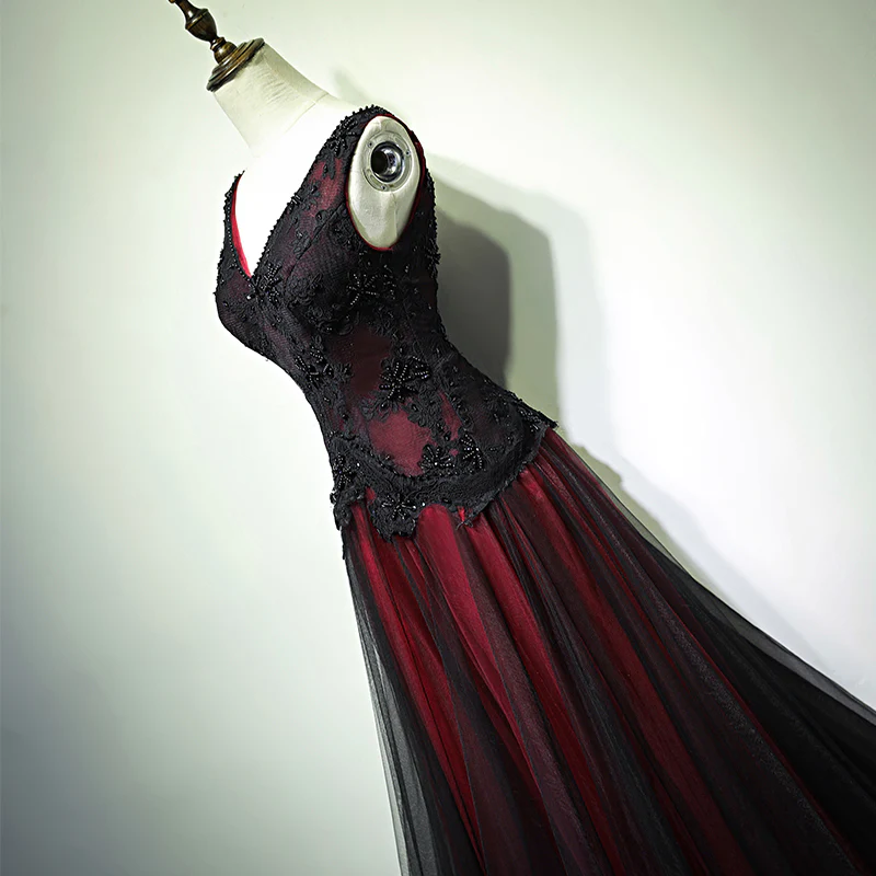 Gorgeous Black And Red V-Neckline Tulle Beaded Prom Dress, Long Evening Gown fg1880