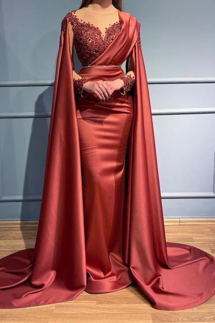 Robe de soirée longue rouge style sirène, col en V, en dentelle et manches, fg2903