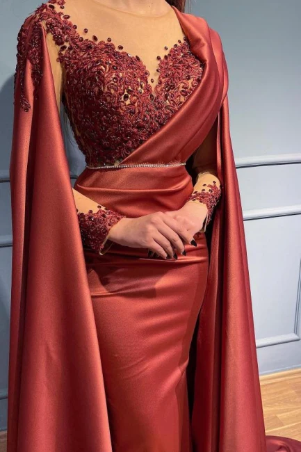 Robe de soirée longue rouge style sirène, col en V, en dentelle et manches, fg2903