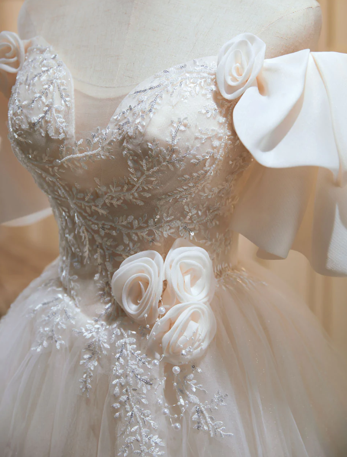 Robe de bal courte beige, robe de soirée beige en tulle et dentelle fg1307