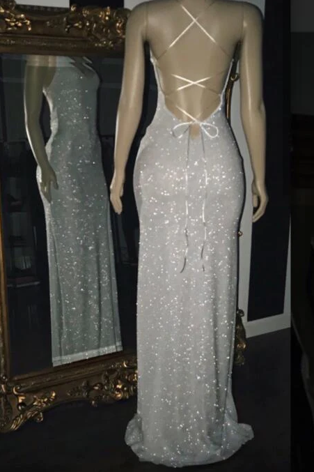 Robe de bal argentée à paillettes et dos nu 2023 fg1386
