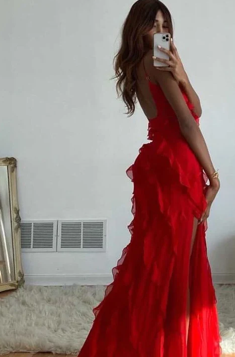 Red Ruffles Long Formal Dress Elegant Evening Dress fg1806