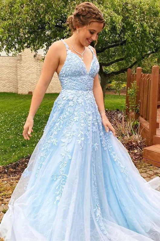A-Line V-Neck Sleeveless Spaghetti Straps Light Blue Lace Long Prom Dresses fg3089