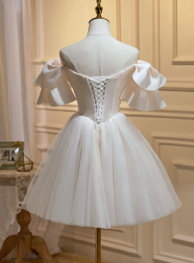 Robe de bal courte beige, robe de soirée beige en tulle et dentelle fg1307