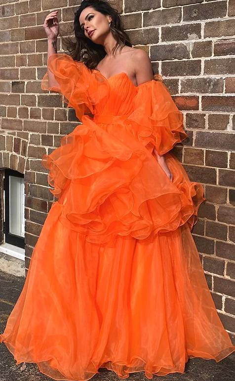 A-Line/Elegant Organza Off-the-Shoulder Layers Long Sleeves Floor-Length Prom Dresses fg1505