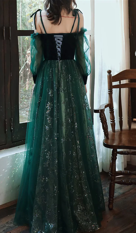 Dark Green Tulle Stunning Sequin Spaghetti Straps Prom Dress, Green Party Dress fg1046