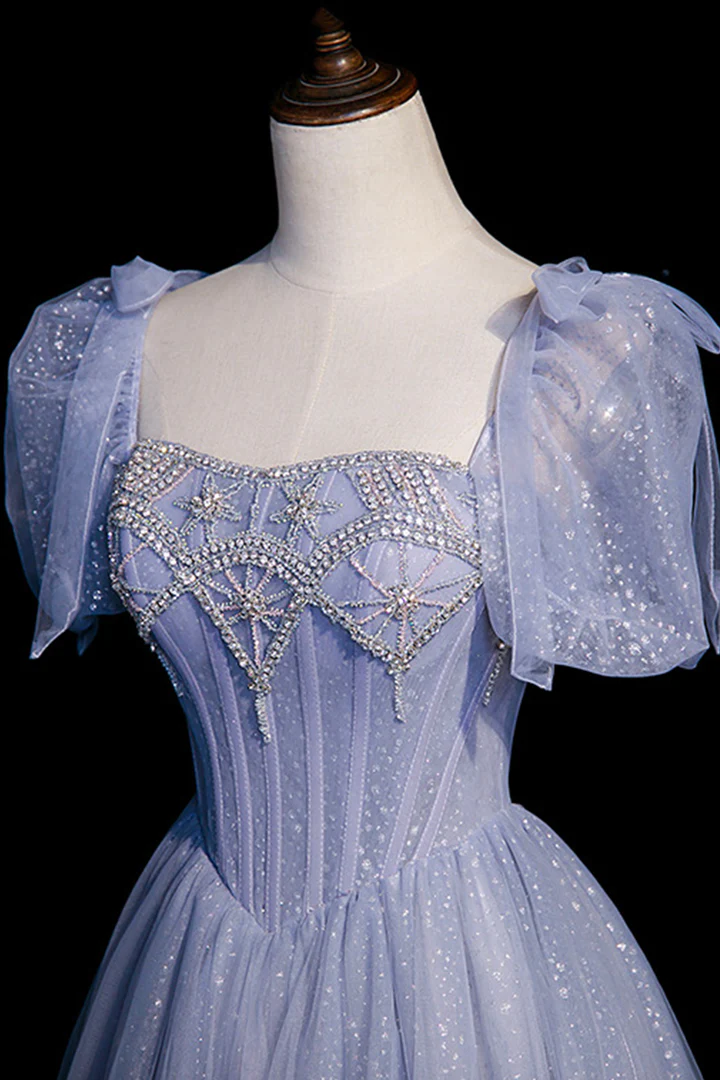 Blue Tulle Long A-Line Prom Dress with Beading fg2228