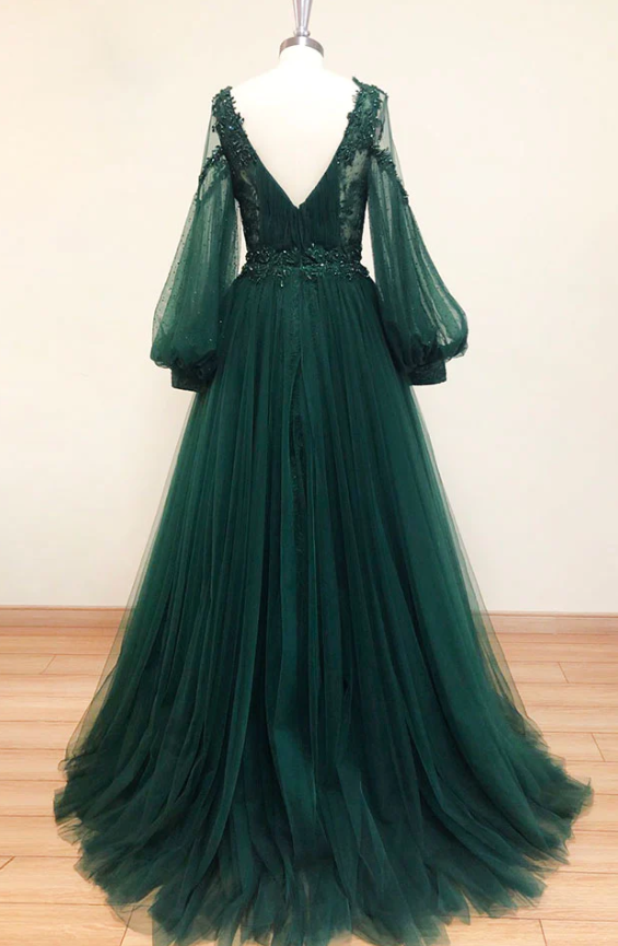 GREEN V NECK LACE A LINE LONG PROM DRESS, GREEN TULLE EVENING DRESS fg1007